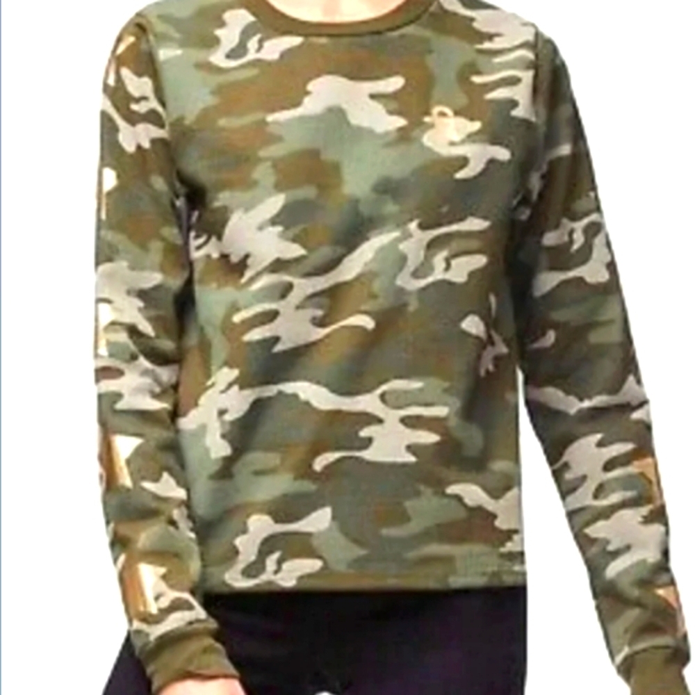 Good American (Size 2/M) Multicolored Camo LS Gold Star Applique Crewneck Shirt